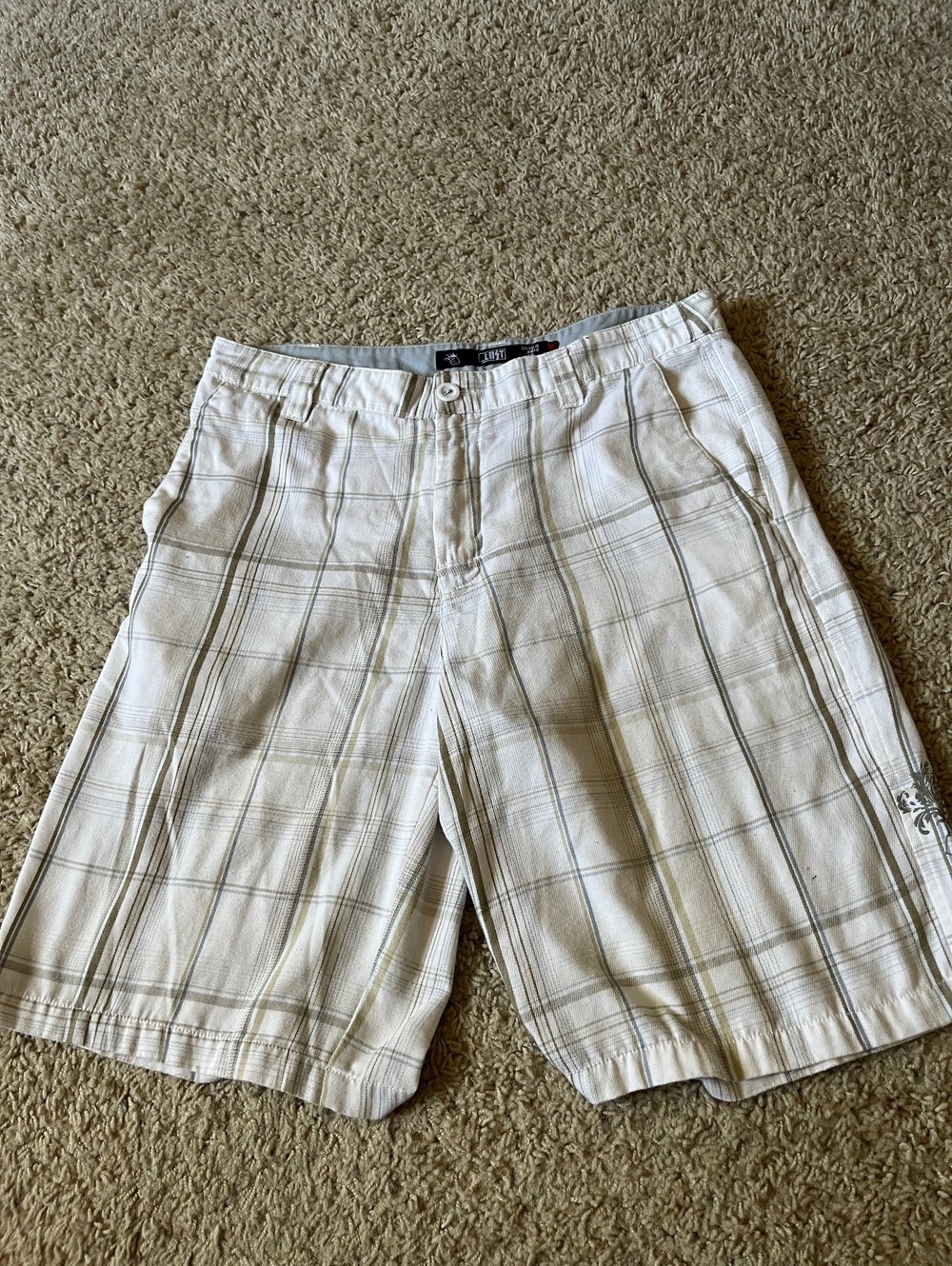 Lost Enterprises Y2K White Plaid Casual Shorts with Graphic Detail Size 34